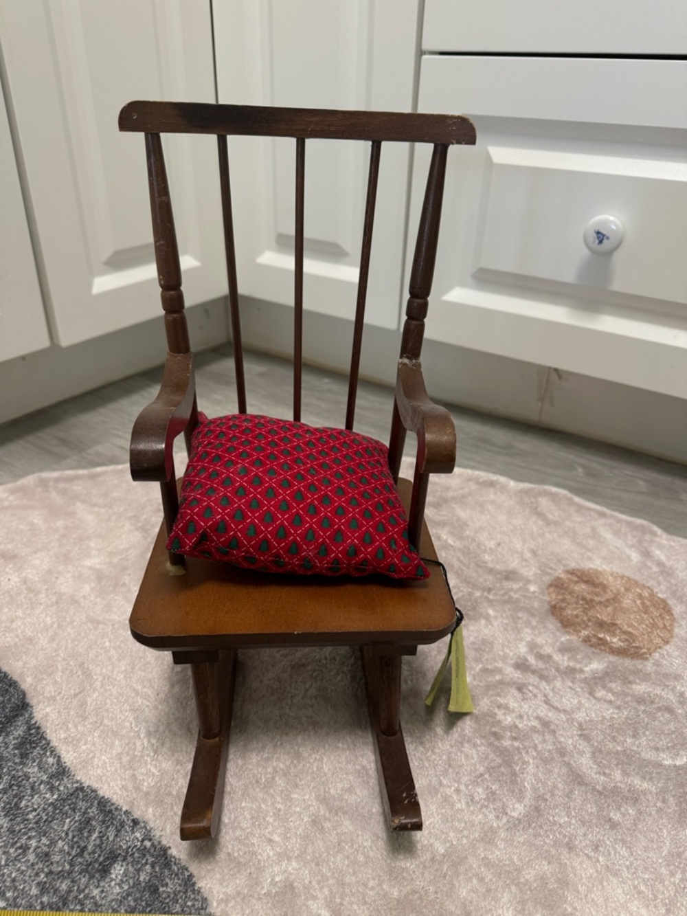 Vintage Wooden Doll Rocking Chair with Red Patterned Cushion sold as is